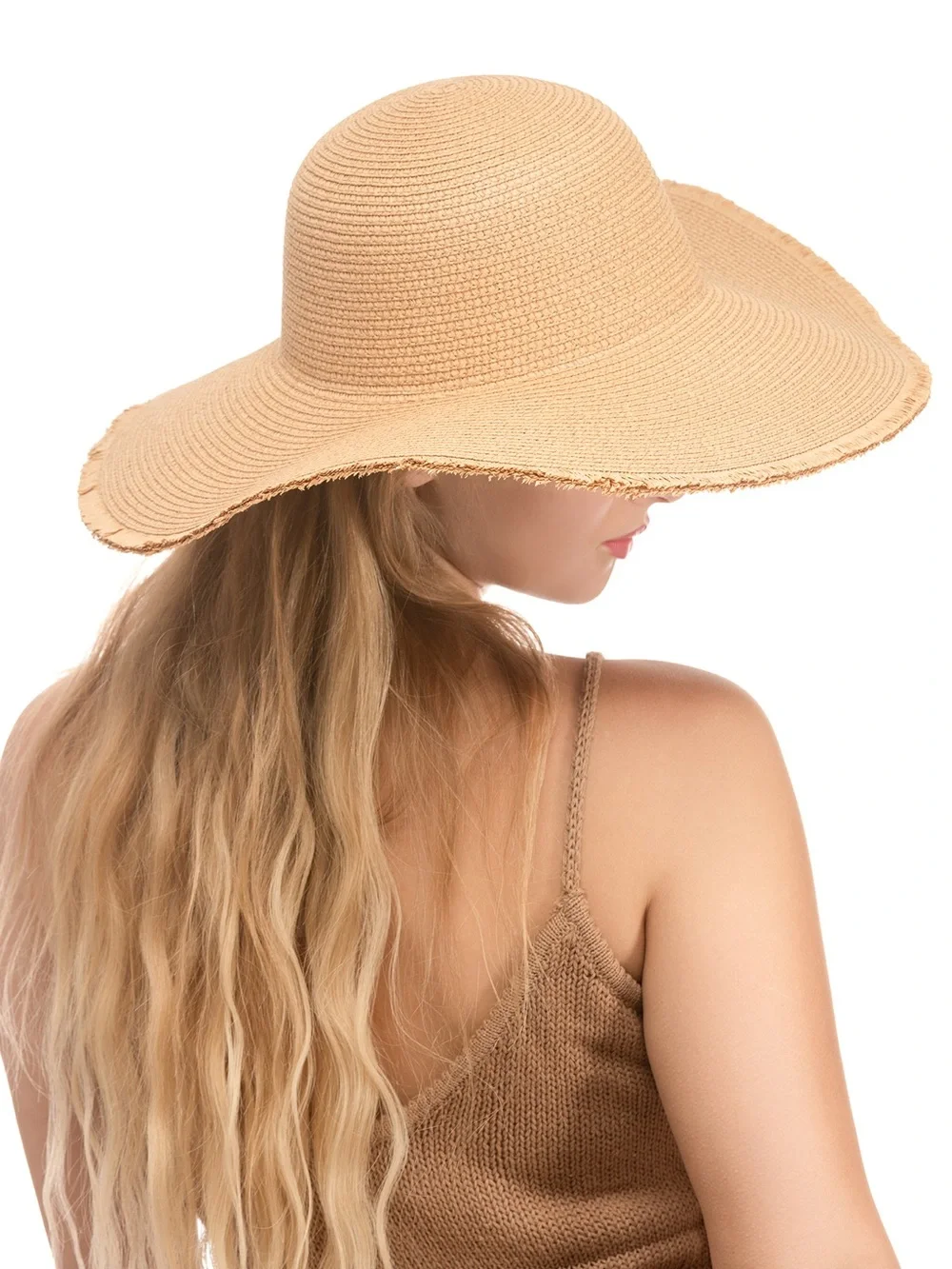 Frayed Edge Straw Beach Hat - Tan Brown
